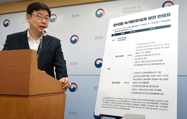 조현수 환경부 녹색전환정책과장이 20일 오전 세종시 정부세종청사에서 원자력 발전을 한국형 녹색분류 체계에 포함하는 원전 경제활동 부분에 대한 초안을 발표하고 있다. 연합뉴스