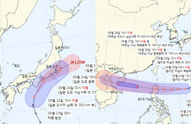 왼쪽 15호 태풍 탈라스, 오른쪽 16호 태풍 노루 예상경로. 기상청