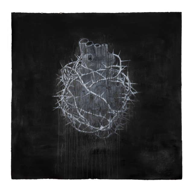 화가의 심장 Heart of the Artist, 2018, Chinese ink, drawing ink and acrylic on hardboard, 130x130cm.