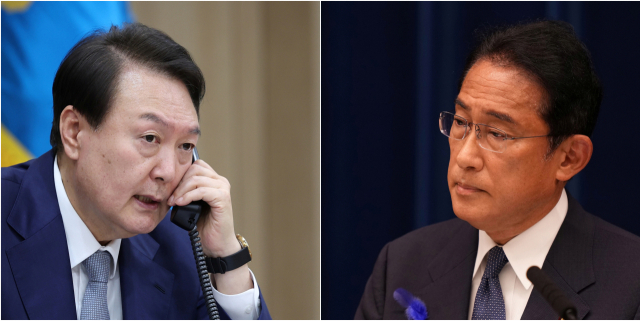 윤석열 대통령이 6일 오후 서울 용산 대통령실 청사에서 기시다 후미오 일본 총리와 통화하고 있다. 오른쪽 사진은 기시다 총리가 지난 7월 14일 도쿄 관저에서 기자회견을 하고 있는 모습. 연합뉴스