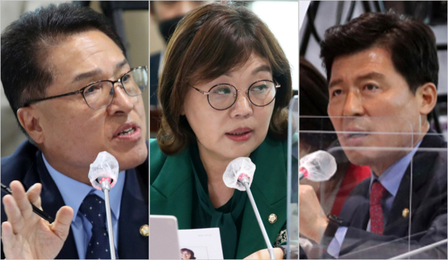 국민의힘 정운천(왼쪽부터), 양금희, 구자근 의원이 11일 전남 나주 한국전력 본사에서 열린 산업통상자원중소벤처기업위원회 국정감사에서 질의와 의사진행 발언을 하고 있다. 연합뉴스