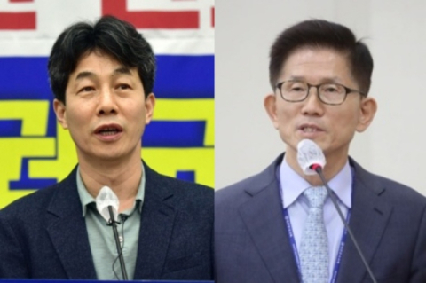 윤건영 더불어민주당 의원과 김문수 경제사회노동위원회 위원장. 연합뉴스