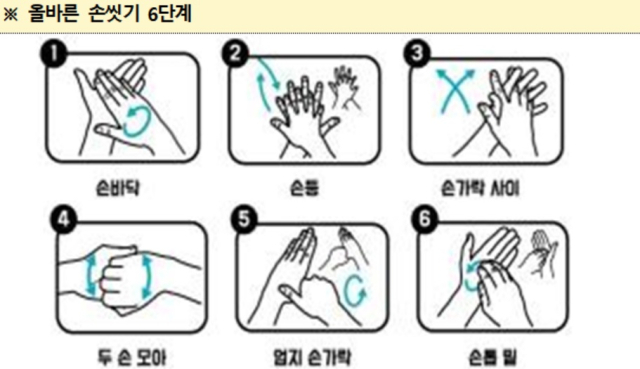 질병관리청이 강조하는 올바른 손씻기 6단계. 질병관리청 제공