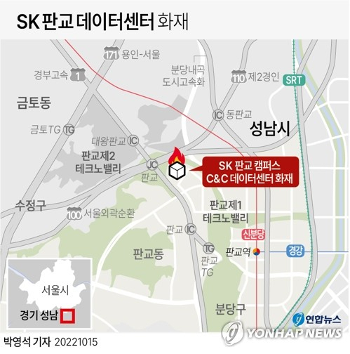 [그래픽] SK 판교 데이터센터 화재 (서울=연합뉴스) 박영석 기자 = 15일 오후 3시 33분께 카카오 등의 데이터 관리 시설이 입주해 있는 경기 성남시 분당구 삼평동 SK 판교캠퍼스 A동 지하 3층에서 불이 났다. 이 불로 현재 카카오톡, 택시, 포털사이트 다음과 네이버 뉴스 등 일부 서비스에 장애가 빚어지고 있다. zeroground@yna.co.kr 트위터 @yonhap_graphics 페이스북 tuney.kr/LeYN1 (끝)