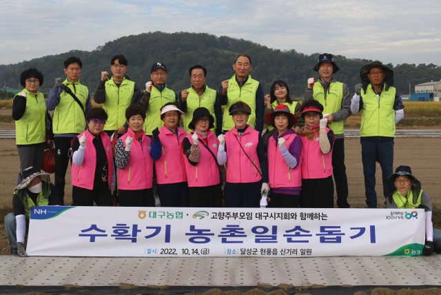 대구농협(본부장 박병희)은 지난 14일 (사)고향주부모임 대구시지회(회장 황혜선)와 함께 달성군 현풍읍 신기리 일원에서 농촌 일손 돕기를 실시했다. 이번 봉사 활동에 농협대구지역본부, 대구검사국, 현풍농협 임직원 및 고향주부모임 회원 등 30여명이 마늘 파종 작업을 도우며 구슬땀을 흘렸다. 대구농협 제공