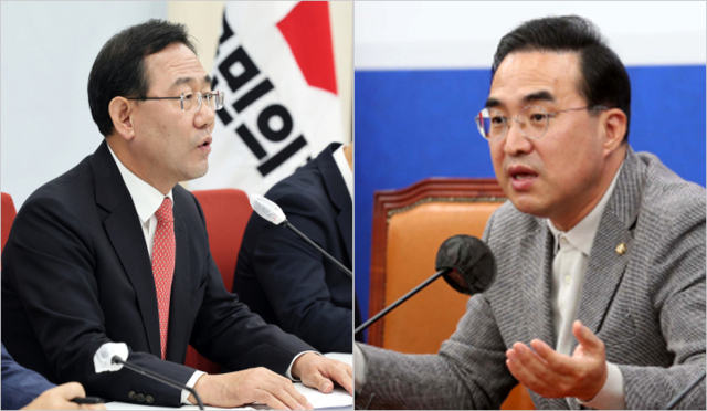 국민의힘 주호영 원내대표가 23일 서울 여의도 국회에서 열린 기자간담회에서 발언하고 있다. (사진 왼쪽)/더불어민주당 박홍근 원내대표(가운데)가 23일 국회에서 열린 기자간담회에서 발언하고 있다. 왼쪽은 진성준 원내수석부대표, 오른쪽은 오영환 원내대변인. 연합뉴스