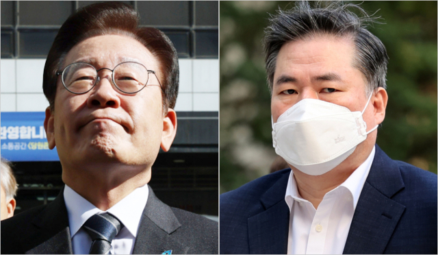 더불어민주당 이재명 대표가 민주연구원에 대한 검찰 압수 수색이 진행 중인 24일 오전 서울 여의도 더불어민주당 중앙당사 앞에서 취재진에게 입장을 밝히던 중 잠시 울먹이며 말을 잇지 못하고 있다. (사진 왼쪽)/ 유동규 전 성남도시개발공사 본부장이 24일 오전 서울 서초동 서울중앙지법에서 열리는 대장동 개발 사업 로비·특혜 의혹 관련 속행 공판에 출석하고 있다. 연합뉴스