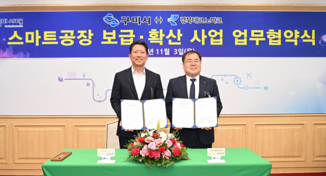 김장호(왼쪽) 구미시장과 하인성 경북테크노파크 원장이
