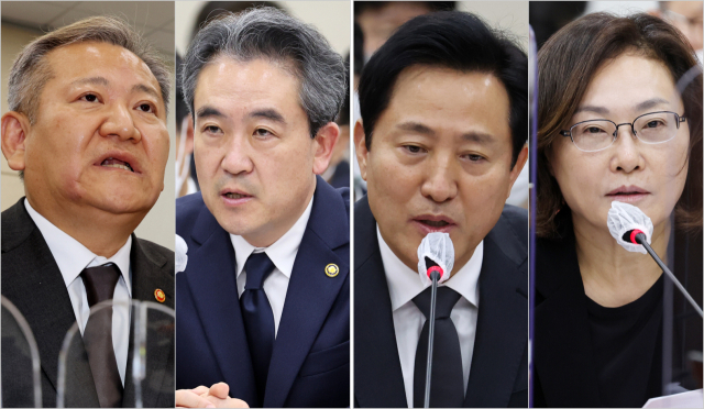 7일 오후 국회에서 열린 행정안전위원회 전체회의에서 의원들의 질의에 답변하고 있는 이상민 행정안전부 장관, 윤희근 경찰청장, 오세훈 서울시장, 박희영 서울 용산구청장.(왼쪽부터) 연합뉴스