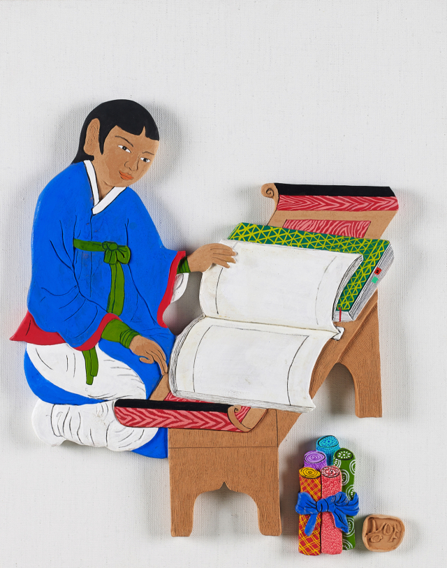장경희, 책 읽는 소년, 테라코타, 채색, 38x47cm.