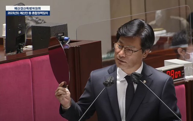 8일 김영식 국민의힘 의원(구미시을)이 국회에서 열린 예산결산특별위원회 종합정책질의에 이창양 산업통상자원부 장관에게 질의하고 있다. 국회 인터넷 의사중계