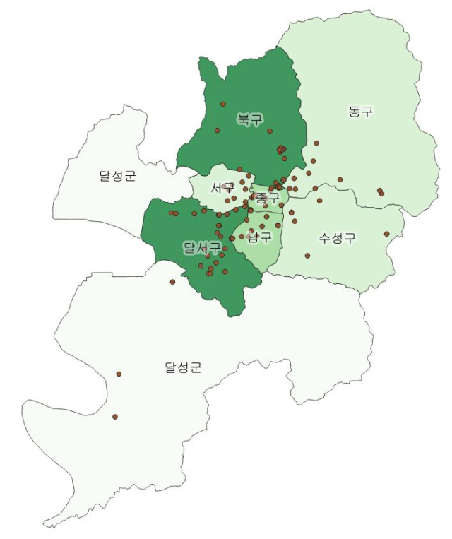 대구시 구군별 전통시장 분포. 동북지방통계청 제공
