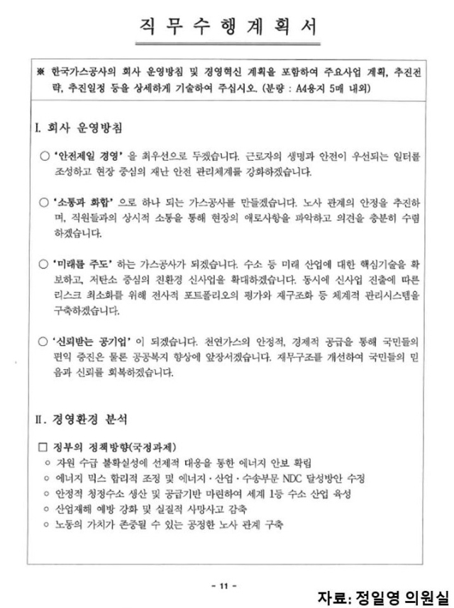 최연혜 가스공사 사장 내정자 직무수행 계획서 일부. 정일영 의원실 제공