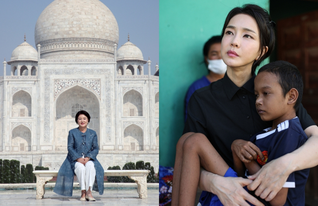 2018년 인도 타지마할을 방문한 김정숙 여사, (오른쪽)2022년 캄보디아 프놈펜 심장병 질환 소년의 집을 방문한 김건희 여사. 연합뉴스