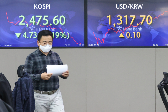 코스피가 전 거래일보다 6.67p(0.27%) 오른 2,487.00으로 시작해 하락 전환한 16일 오전 서울 중구 하나은행 본점 딜링룸에서 딜러들이 업무를 보고 있다. 이날 원/달러 환율은 1.6원 내린 1,316.0원, 코스닥지수는 1.59p(0.21%) 오른 746.55로 개장했다. 연합뉴스