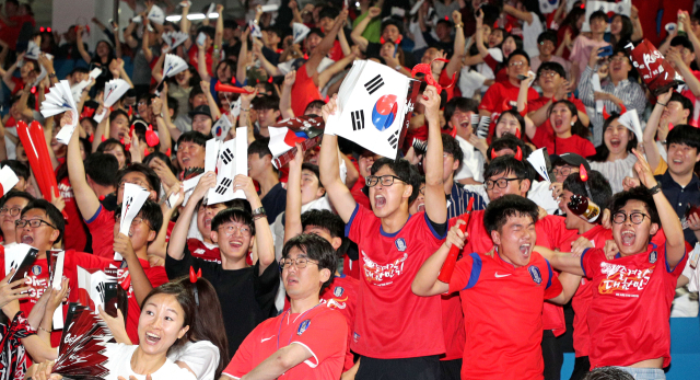 2018 러시아 월드컵 대한민국 대 멕시코 경기가 열린 24일 오전 대구삼성라이온즈파크에 응원 나온 시민들이 후반 추가시간에 손흥민이 만회골을 터트리자 환호하고 있다. 자료사진 매일신문DB