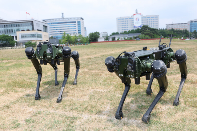 지난 6월 일반 국민에게 개방된 서울 용산공원에서 미국 회사의 로봇개가 대통령 집무실 경호용으로 시험 운용되고 있는 모습. 연합뉴스