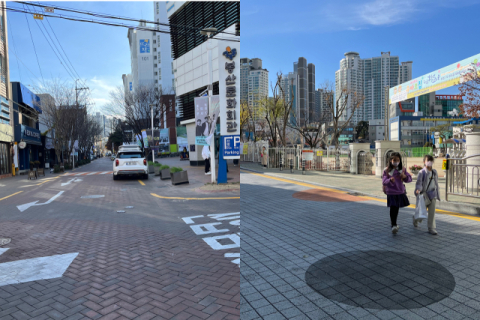 (왼쪽)내년 초 도막형 포장 재시공을 앞둔 봉산문화거리와 (오른쪽)최근 도막형 포장공사를 마친 대구초등학교의 도로. 김세연 기자.