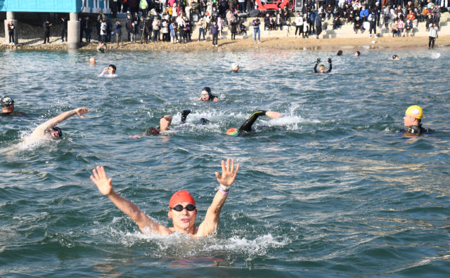 2018년 대회 후 4년만에 열린 제14회 거제도펭귄수영축제 참가자들이 경남 거제시 덕포해수욕장 겨울 바다에 뛰어들어 겨울을 만끽하고 있다. 연합뉴스
