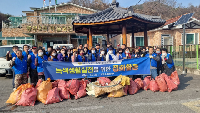 지난 9일 바르게살기운동 영양군협의회가 영양 황용천 일대에서 환경정화활동을 하고 기념 촬영을 하고 있다. 영양군 제공