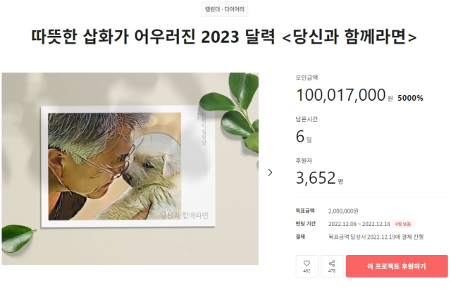 문재인 전 대통령·김정숙 여사 부부와 반려동물들의 일상을 삽화로 담은 탁상달력 