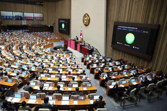 24일 새벽 0시 55분께 국회 본회의에서 2023년도 예산안이 의결 통과되고 있다. 연합뉴스