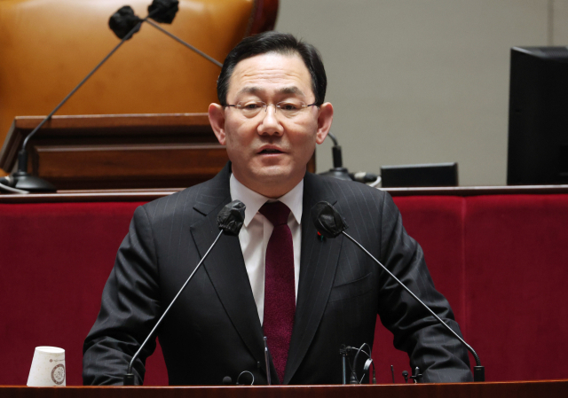 국민의힘 주호영 원내대표가 지난해 12월 28일 오후 국회 본회의를 앞두고 열린 의원총회에서 발언하고 있다. 연합뉴스
