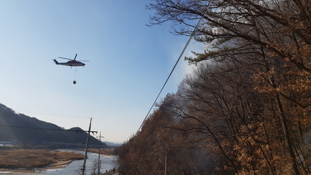 1일 오후 경북 예천군 용궁면 한 야산에서 산불이 발생해 산림과 소방당국이 진화에 나섰다. 경북소방본부 제공