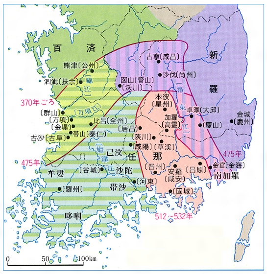 일본에서 사용하는 임나지도. 고대 야마토왜의 식민지라는 임나가 경상도는 물론 전라도 전역및 충청도 대부분까지차지하고 있다. 일본 극우파 역사학자들의