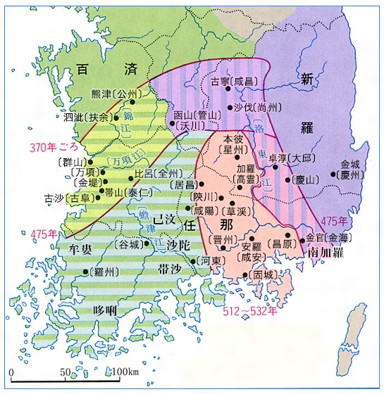 일본에서 사용하는 임나지도. 고대 야마토왜의 식민지라는 임나가 경상도는 물론 전라도 전역및 충청도 대부분까지차지하고 있다. 일본 극우파 역사학자들의 '호남가야설'에 따른 지도다.