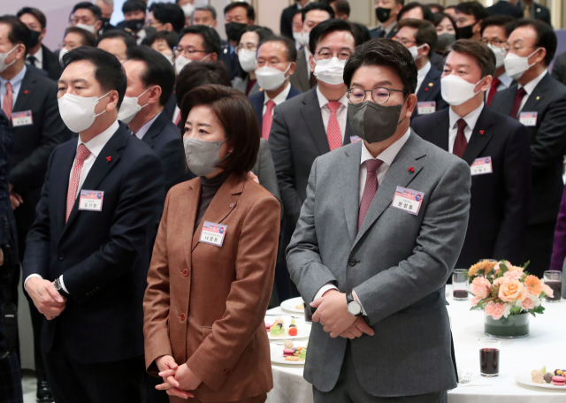 국민의힘 김기현, 권성동, 안철수 의원과 나경원 전 의원이 2일 청와대 영빈관에서 열린 