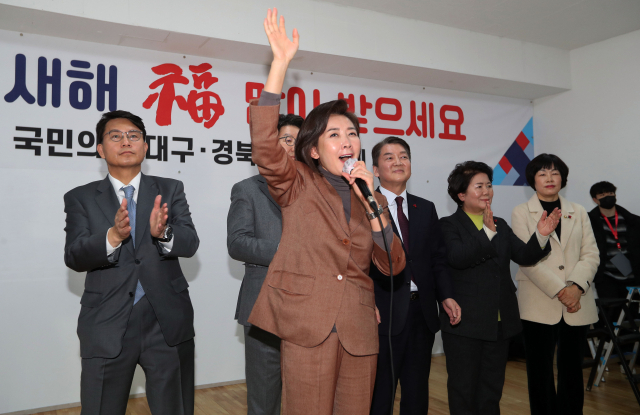 2일 오후 국민의힘 대구시당에서 열린 2023년 국민의힘 대구경북 신년교례회에서 나경원 저출산고령사회위원회 부위원장이 인사하고 있다. 연합뉴스