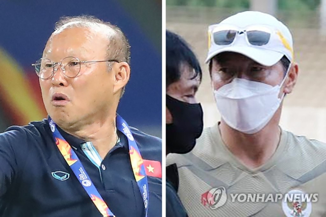 박항서 베트남 축구 대표팀 감독(왼쪽)과 신태용 인도네시아 축구 대표팀 감독