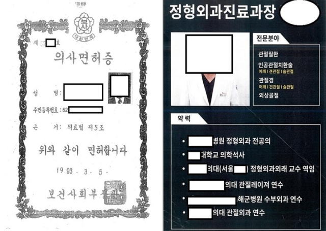 A씨가 위조한 의사 면허증과 근무했던 병원의 약력 홍보 자료. 수원지검 제공