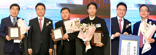 경상북도수출기업협회장 이․취임식 및 전략세미나에서 이철우 경북도지사는 감사패와 임명장을 전달했다. 사진 왼쪽사진에서 이철우 도지사가 배영일 현우정밀 대표이사, 박성준 성진텍 대표이사,한준수(주)리프타일 대표이사에게 감사패를. 오른쪽 사진에서 신임 이정곤 회장에게 임명장을 수여하고 있다. 경북도 제공