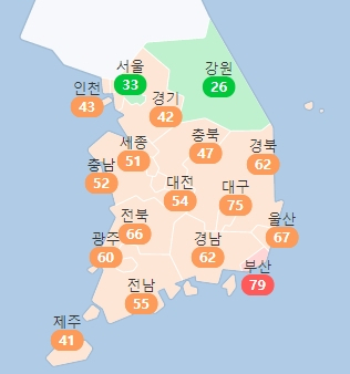 5일 오후 4시 기준 전국 초미세먼지 농도 수준 현황. 에어코리아