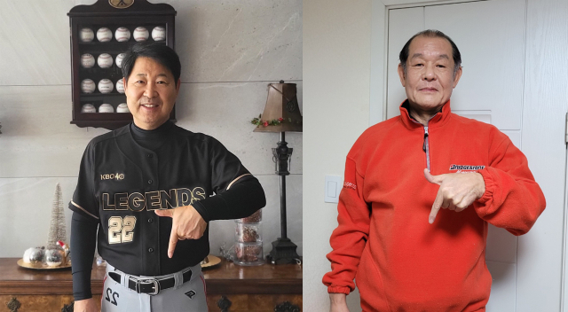 이만수(왼쪽) 전 SK 감독과 박철순 전 전 두산 코치가 럭키칠곡 포즈를 취하고 있다. 칠곡군 제공