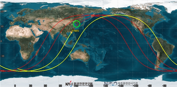 ERBS 위성 추락 예상 범위. 초록색 원이 한반도 위치. 한국천문연구원 우주환경감시기관(NSSAO)