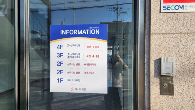 상주시청 2개 부서가 입주한 경상대로 2958번지 에스비빌딩 입구에 2층이 상주시청 별관이라는 안내판이 부착돼 있다. 고도현 기자