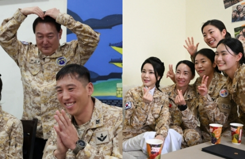 [화보] 尹·김건희, 아크부대 장병들 만나 '손하트(♥)' 연발 