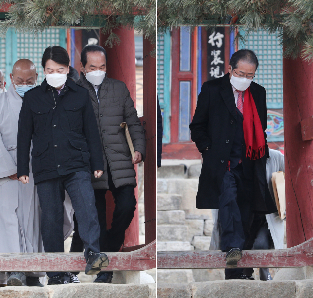 재보궐선거 서울시장 출마를 선언한 안철수(왼쪽) 국민의당 대표와 자유한국당 대표를 지낸 무소속 홍준표 국회의원이 2021년 1월 11일 오후 대구 동화사에서 회동을 가졌다. 이날 안철수 대표와 홍준표 의원이 같은 시간대에 조계종 종정 진제 스님에게 새해 인사를 한 뒤 각각 절을 나서고 있다. 성일권 기자 sungig@imaeil.com