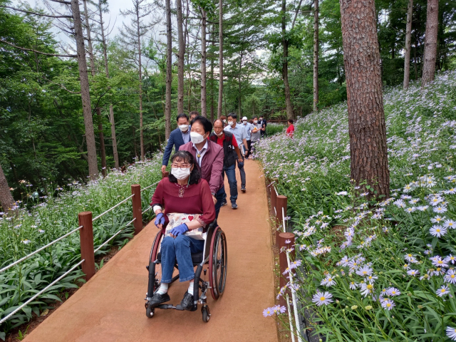 이병환(앞에서 두번째) 성주군수가 무장애나눔 길을 걷고 있다. 성주군 제공