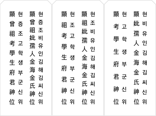 (왼쪽부터 차례로)증조부모, 조부모, 부모 지방 쓰는 법. 네이버