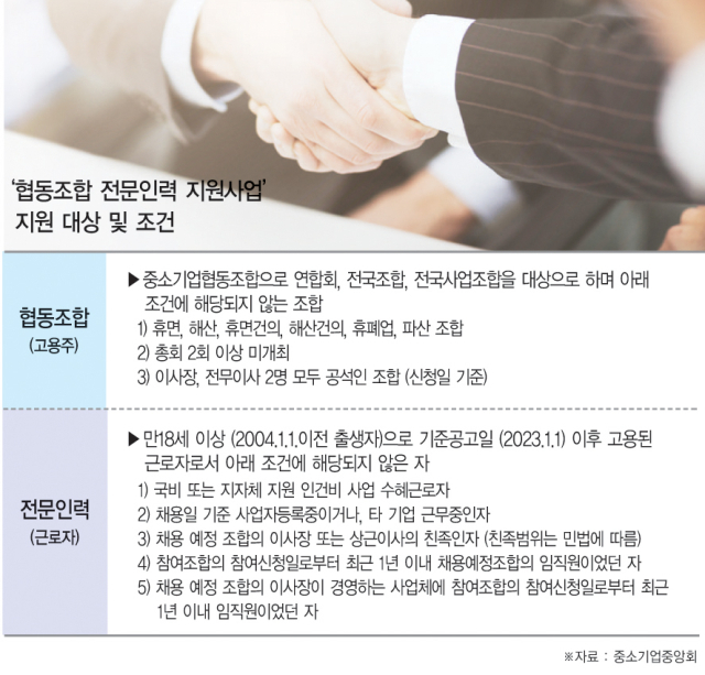 협동조합 전문인력 지원사업 지원 대상 및 조건. 중소기업중앙회 제공.