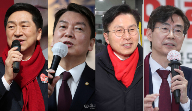 국민의힘 전당대회 후보 등록을 하루 앞두고 여당 최대 주주인 대구경북 당심잡기에 나선 김기현, 안철수, 황교안, 조경태.(왼쪽부터) 김영진 기자·안성완 기자·연합뉴스