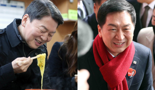 국민의힘 안철수 의원이 지난달 19일 대구 서문시장을 찾아 국수를 먹고 있다. (왼쪽)/ 국민의힘 김기현 의원이 지난 1일 대구 중구 서문시장에서 열린 이기는 캠프 출정식에서 당원들에게 인사하고 있다. 연합뉴스