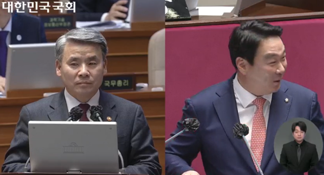 지난 6일 국회에서 열린 대정부질문에서 정희용 국민의힘 의원(고령성주칠곡)이 이종섭 국방부 장관에게 칠곡군 군부대 이전을 질의하던 중 임이자 국민의힘 의원(상주문경)이 