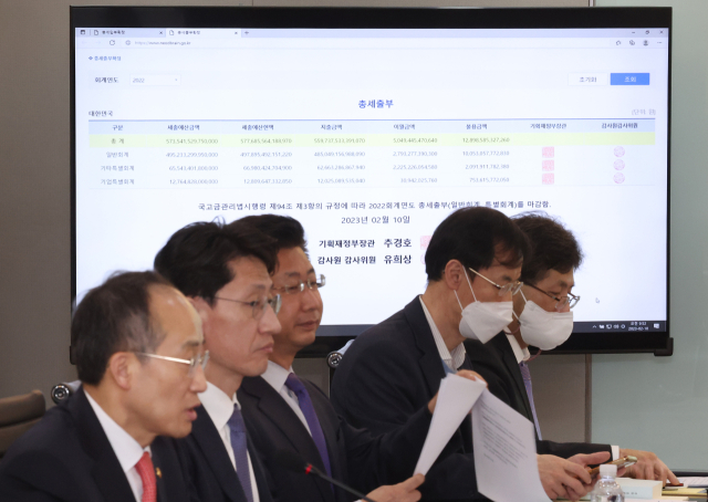 10일 중구 한국재정정보원에서 열린 2022 회계연도 총세입부, 총세출부 마감행사에 참석한 추경호 경제부총리 겸 기획재정부 장관(맨 왼쪽)이 발언을 하고 있다. 연합뉴스
