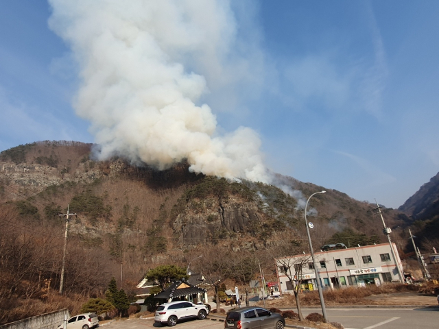 경북 봉화 명호면 관창리 청량산에 산불이 발생했다. 경북소방본부 제공