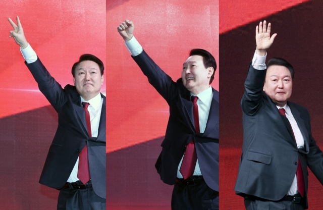 8일 오후 경기도 고양시 킨텍스에서 진행된 국민의힘 제3차 전당대회에 참석해 인사를 하고 있는 윤석열 대통령. 연합뉴스
